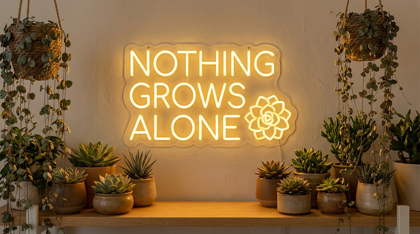 Neon sign reading Nothing Grows Alone, surrounded by succulents and string-of-hearts