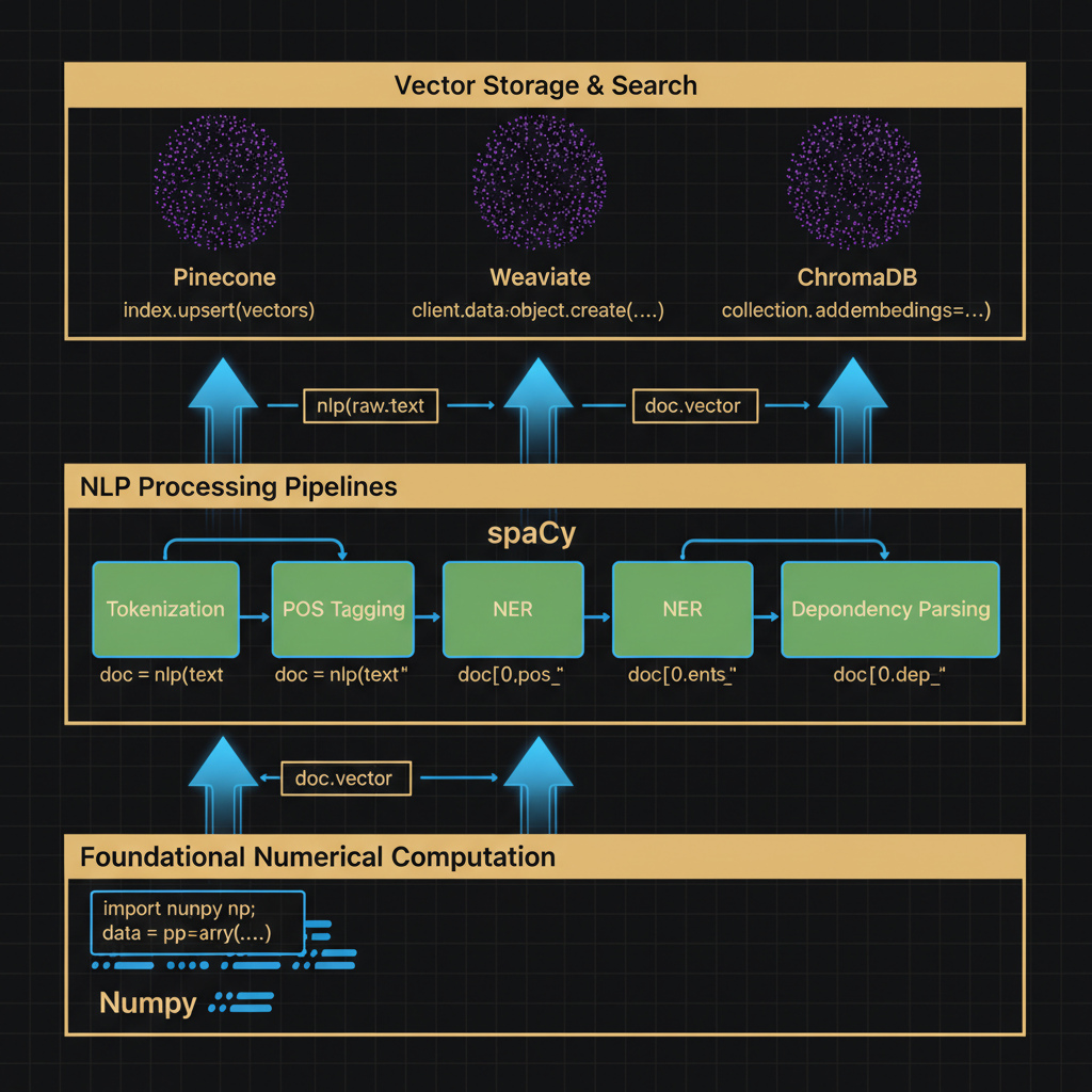 Concept architecture for Familiarity with the capabilities of Python natural language packages (spaCy, NumPy, vector databases, etc.).