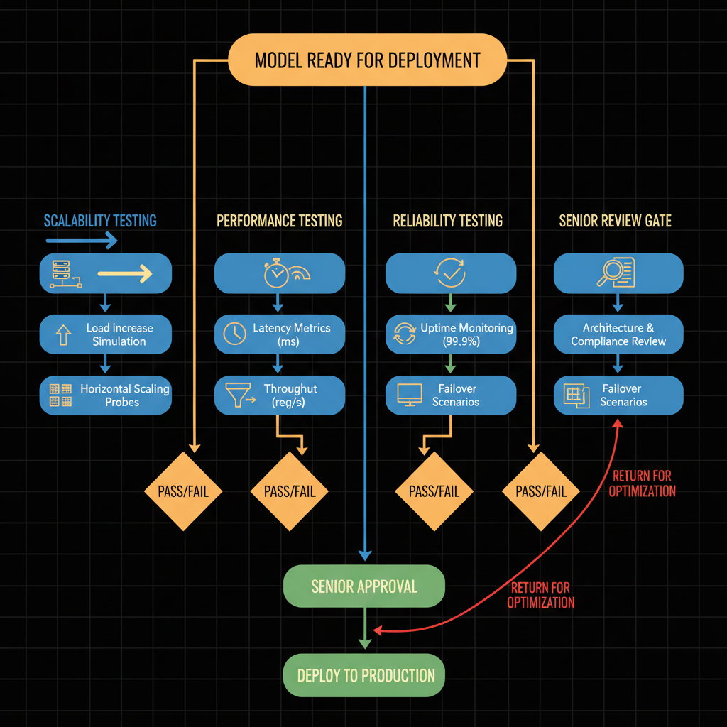 Concept architecture for Assist in the deployment and evaluations of model scalability, performance, and reliability under the supervision of senior