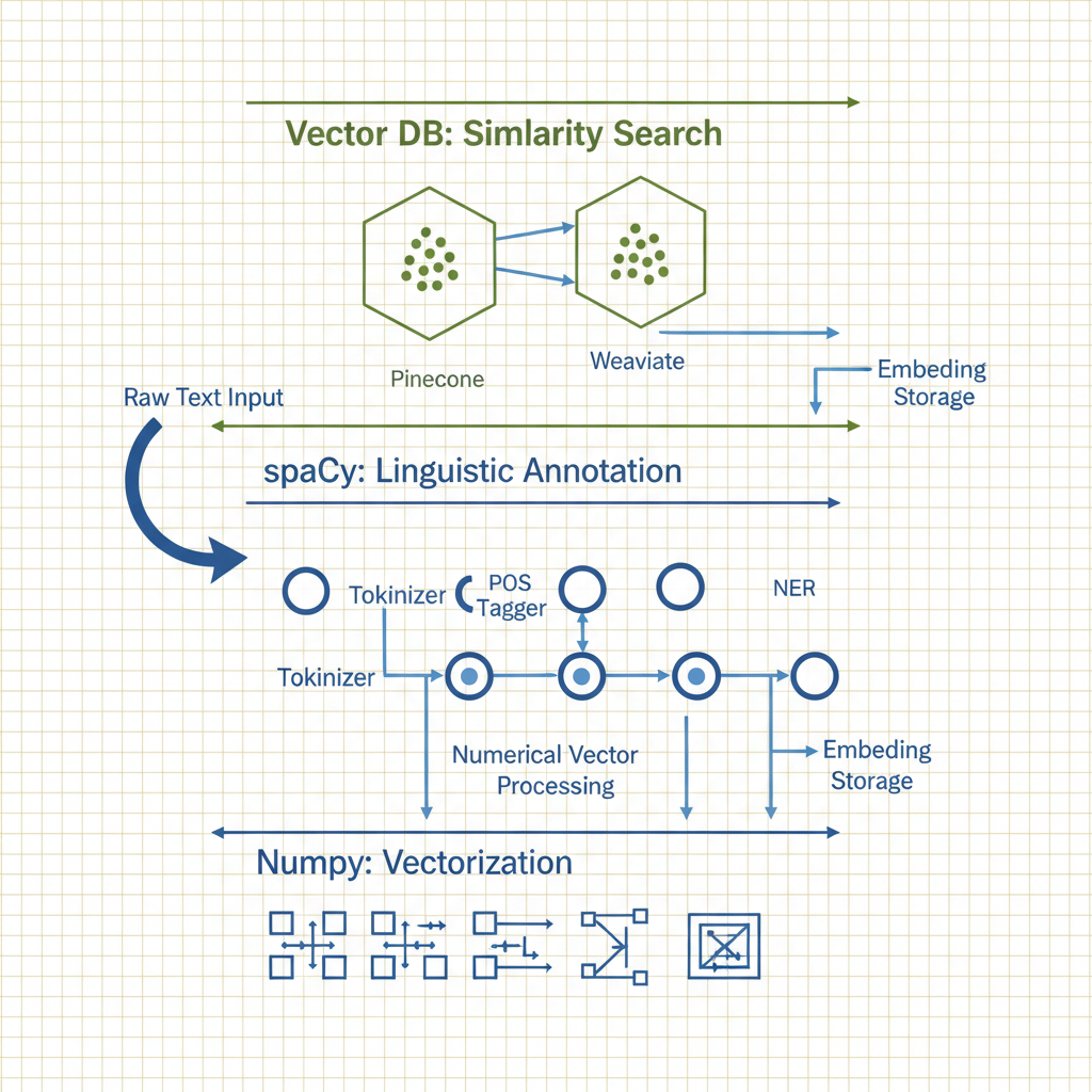 Concept architecture for Familiarity with the capabilities of Python natural language packages (spaCy, NumPy, vector databases, etc.).