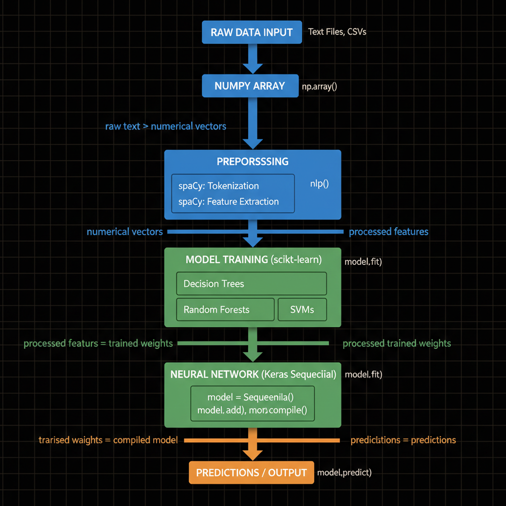 Concept architecture for Use Python packages (spaCy, NumPy, Keras, etc.) to implement specific traditional machine learning analyses.